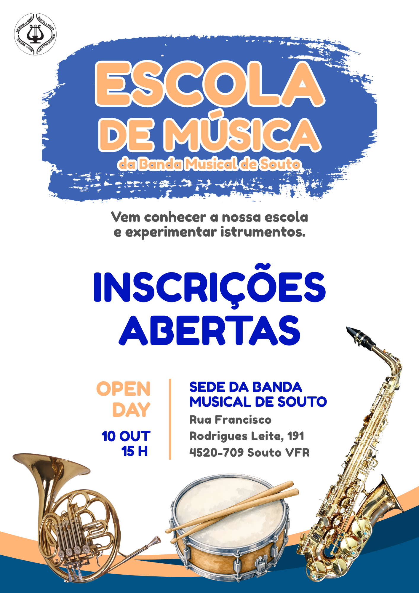 Flyer do Open Day da Escola de Música da Banda Musical de Souto